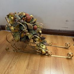 Gold Metal Sleigh Holiday Decoration with Floral Arrangement