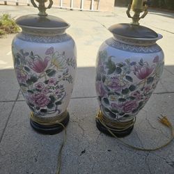 Pair of Vintage Asian Oriental Porcelain Floral  Table Lamps