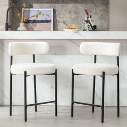 24'' Boucle Counter Stools Set of 2,White Bar Stools with Backs,Counter Height Bar Stools for Kitchen Island/Kitchen Counter,Upholstered Counter Chair