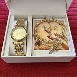 Gold tone watch/bracelet/earrings gift set- Brand New.  $10