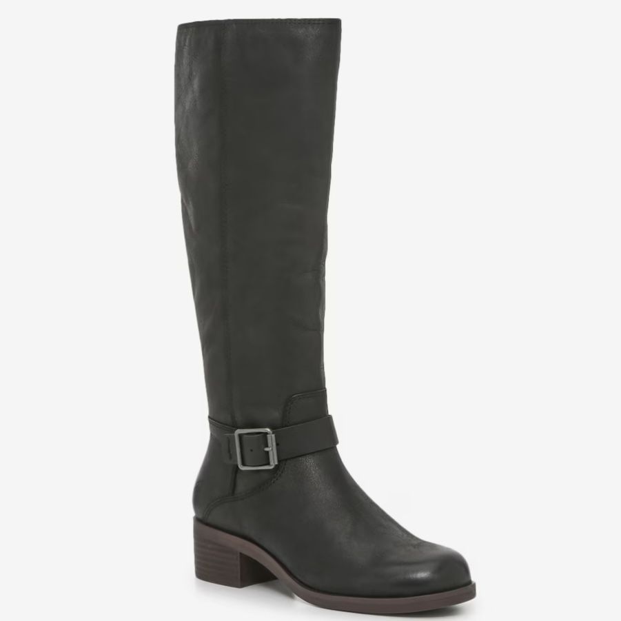 LUCKY BRAND Black Leather Stacked Heel Inifita Buckle Knee High Riding Boots