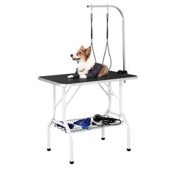 36"' Dog Grooming Table, Pet Foldable Grooming Table w/Double Loops/Mesh Tray/Adjustable Arm, Black