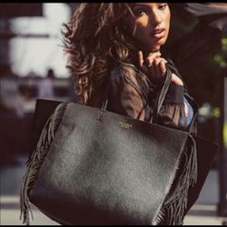 Victorias Secret Tote Bag Faux Leather Fringe Black MSRP $85 NWT Limited 