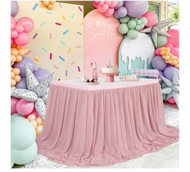 14FT Chiffon Table Skirt Sheer Tablecloth for Wedding 1st Baby Girl Birthday Party Bridal Shower Decoration Dusty Rose