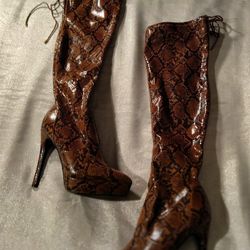 Brand New Ladies Thigh High Leopard Print Boots 7 In Toledo Heels