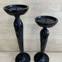 2 Tall Metal Pillar Candle Holders Glossy Black w/ Dot Thumbprint 15" X 17" 