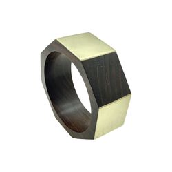 Exotic Wood Brass Chunky Bangle - Geometrical Hexagon Bracelet  in Brown and Gold - Vintage Fashion Jewelry Accessory  	