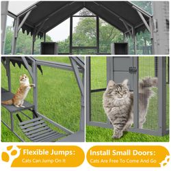 Outdoor Cat House Cat Enclosures 110 Large Kitten Playpen with Platforms,Upgrade Waterproof Cover-grey