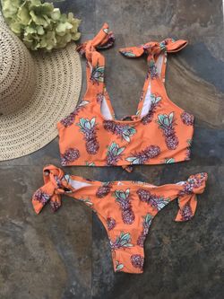 Orange floral tie bikini swim suit