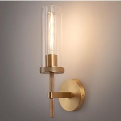 15" Knurled Brass Wall Sconce with Clear Glass Tube, Gold Bathroom Vanity Light Fixtures, Modern Lamp Lighting for Bedroom, Living Room, Hallway, Stai
