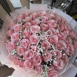 Pink Rose Bouquet With Pearl Bow Bouquet Valentines Day Love Girlfriend Wife Anniversary