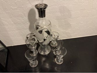 Antique Decanter set w sterling silver 6 shot glasses
