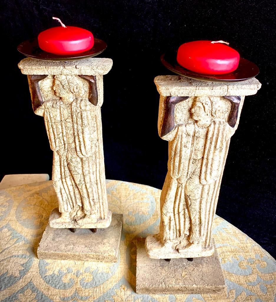 Beautiful Greek themed set two candle holders H16.5xL6.5xW5/4.5 inch Lbs 13 Concrete ceramic sculpture, ancient Greek themed candle holder Candles NOT