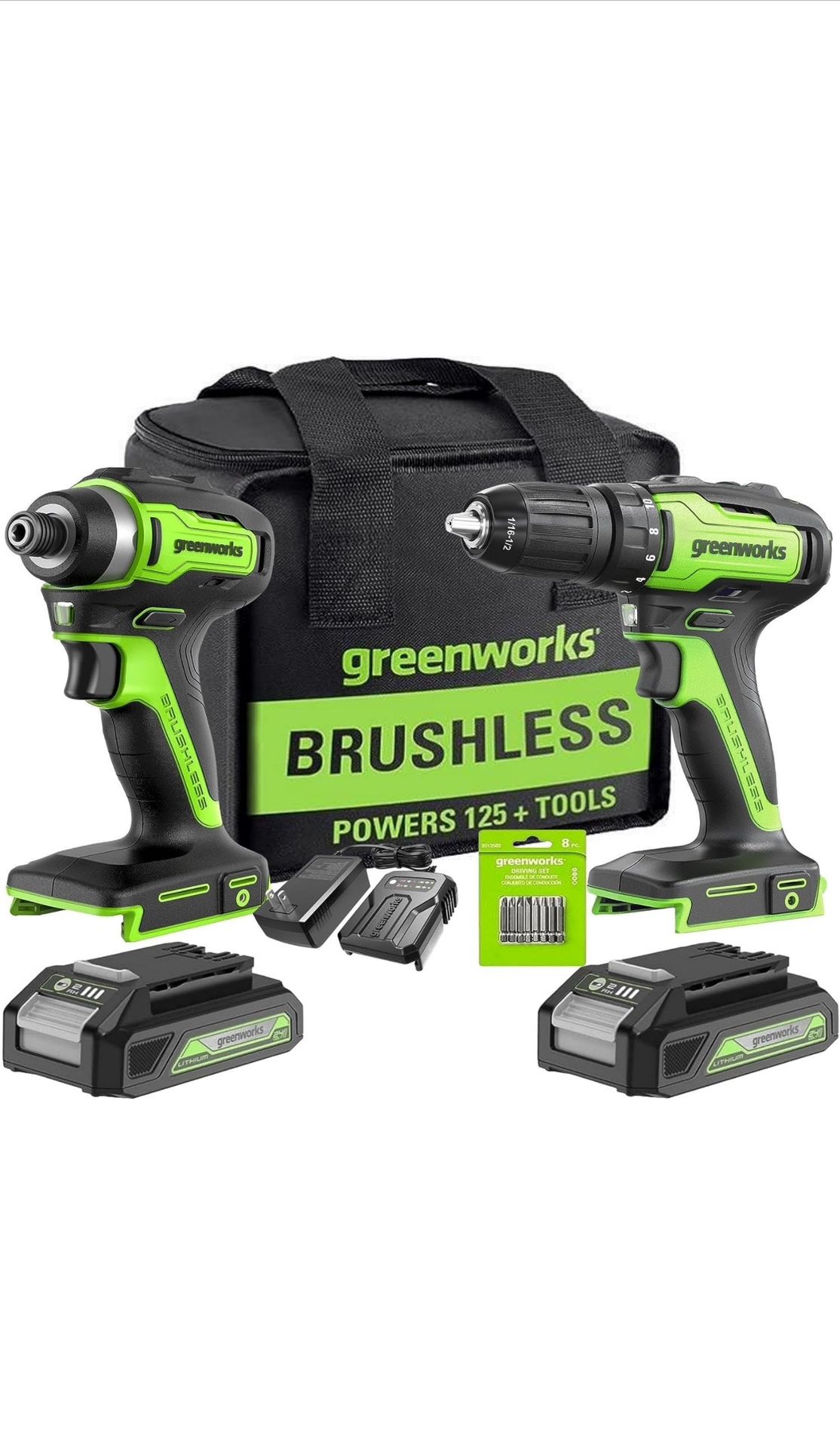 24v Brushless 1/2" Drill + 1/4" Impact Driver Combo Kit Black Green