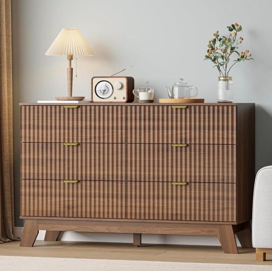 6 Drawer Dresser for Bedroom, 47''W Fluted Wooden Dresser Storage Cabinet and Chest of Drawers with Metal Handle, Storage Organizer for Living Room, H