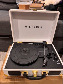 Victrola Journey Bluetooth Portable Suitcase Record Player – with Built-in Speakers, 3 Speed Vinyl Record Player, RCA Out, Headphone Jack (White)