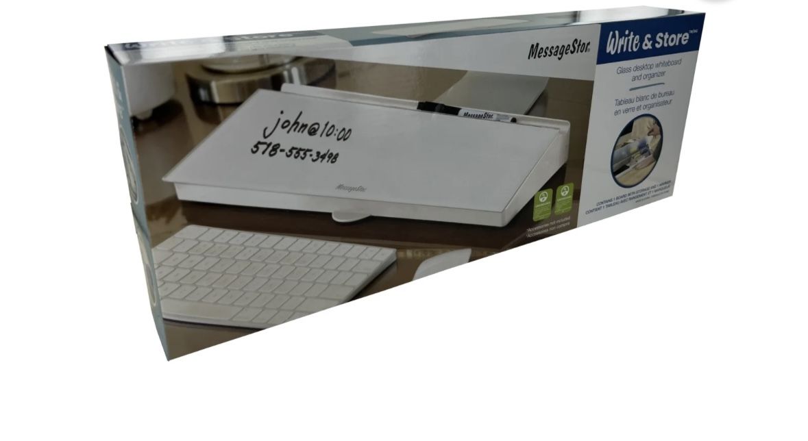 MessageStor Write and Store Glass Desktop Whiteboard and Organizer 18" x 6.5"