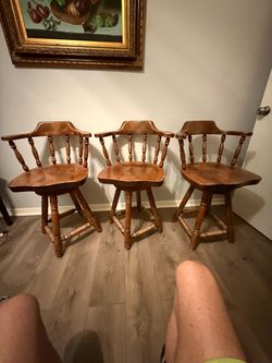 Vintage Solid Wood Captains Swivel Bar Stools