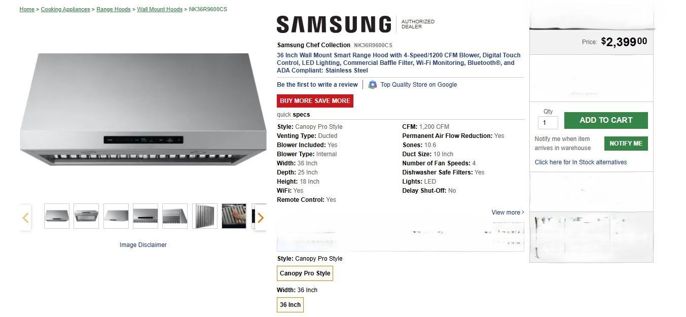 Samsung 36 Inch Commercial Chef Series Pro Wall Mount Smart Range Hood with 4-Speed/1200 CFM Blower, Model : NK36R9600CS - MSRP 2399