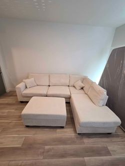 Beige Corduroy L-Shape Sectional Sofa with Storage Ottoman & Pillows