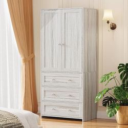Armoire Wardrobe Closet with Drawers and Mirror, 71" Clothing Storage Cabinet with Hanging Rod, 2 Doors Wooden Wardrobe Cabinet for Bedroom, Large Cap