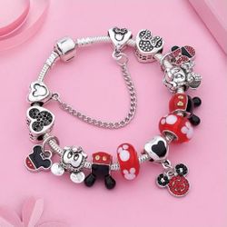 Mickey/Minnie Mouse Charm Bangle Silver/Red Charm Bracelet style of Pandora 