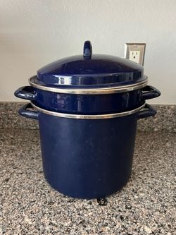 Blue Enamel Stock Pot with Steamer Insert and Lid