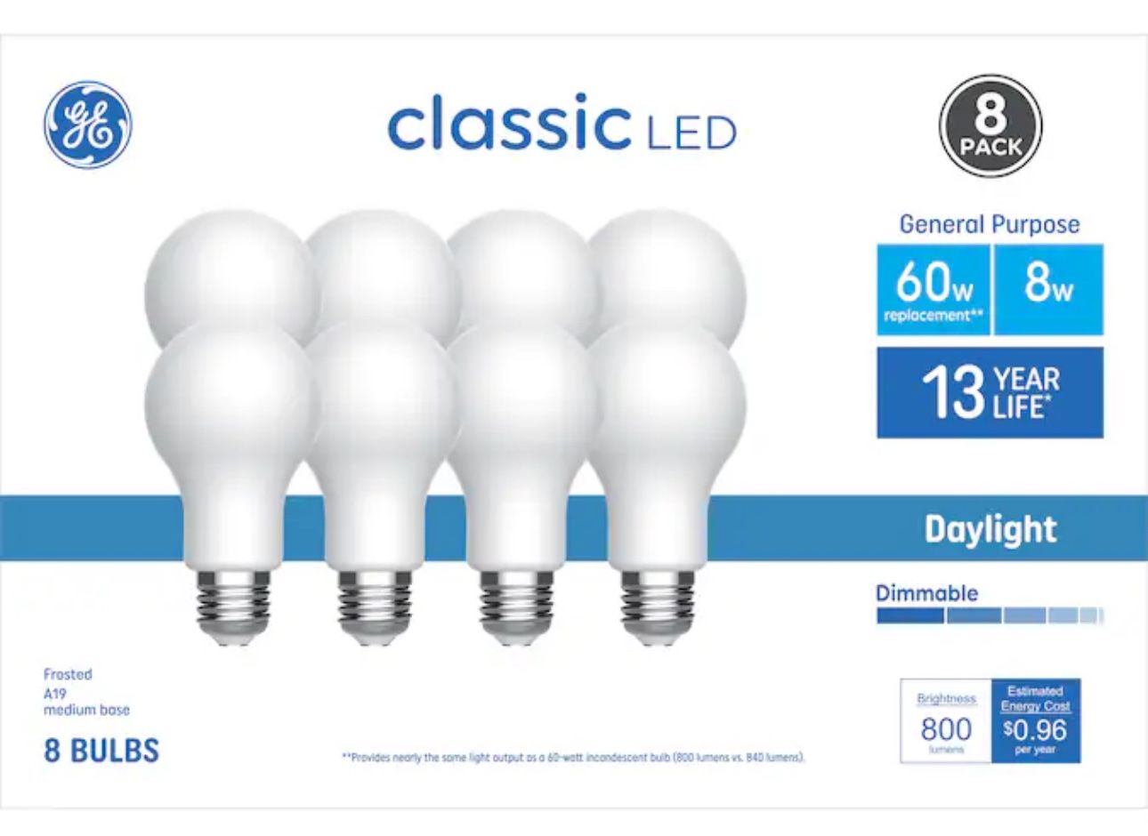 GE Classic 60 -Watt EQ A19 Daylight Medium base (E-26) Dimmable LED General purpose Light Bulb 8 -Pack