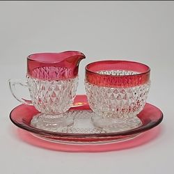 Vintage Indiana Glass Ruby Flash Trim Cream & Sugar Set with Tray