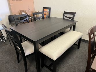 Dark Wood Dining Table Set with Bench
