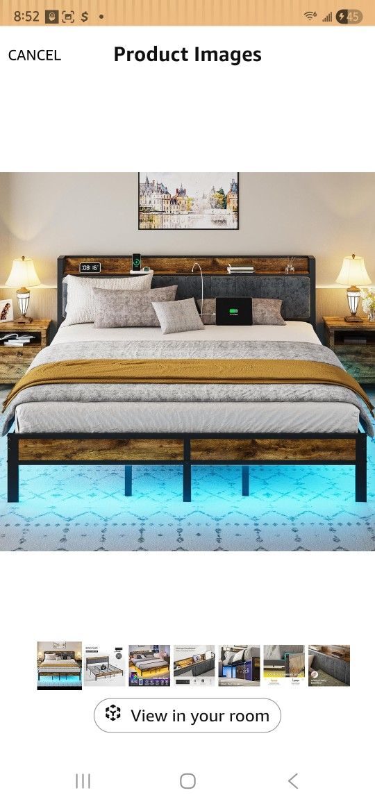 King Size Bed Frame with Smart LED Lights, Storage Headboard with USB Charging Station, Metal Platform Bed Noise Free, Easy Assembly, No Box Spring Ne