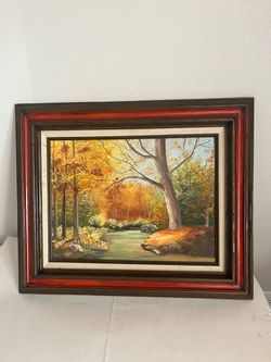 Vintage Original Framed Autumn Foliage Scene Oil or Acrylic Painting on Canvas, 21.5”x19”