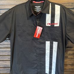 Polaris Eagle River Garage Mens MED White Stripe Button Short Sleeve Shirt NWT