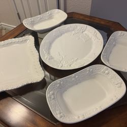 Vintage 5pc White Embossed Serving Set - Italian CWC & Portuguese Pottery