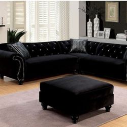 Brand New Elegant Button Tufted Black Sectional Sofa (Ottoman Sold Separately)