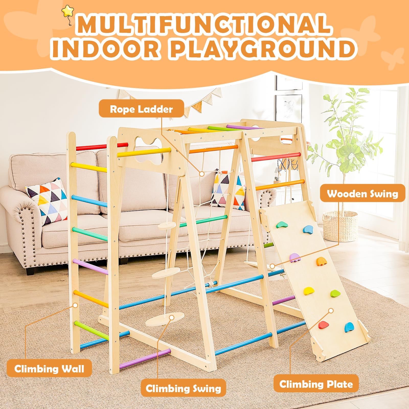 Amoveo Indoor Jungle Gym, 7 In1 Wood Indoor Playground Toddler Climbing Toys, Jungle Gyms for Toddlers 1-3, Montessori Climbing Set with Slide, Rope L