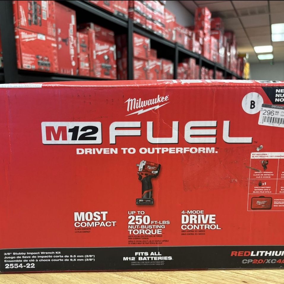 M12 FUEL 12V Lithium-Ion Brushless Cordless Stubby 3/8 in. Impact Wrench Kit with One 4.0 and One 2.0Ah Batteries