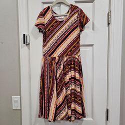 DotDotSmile Aztec Geometric Fall Print Twirl Dress Short Sleeve Sz 8/10 Boho
