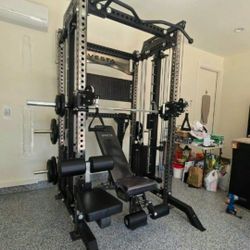 NEW Squat Rack Smith Machine Functional Trainer Cable Cross Over  Adjustable Bench Press 45lb Barbell Bumper Plates Home Gym 