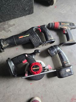 Coleman Powermate 18V cordless circular saw, 18V cordless flashlight, 18V cordless drill and 18V Saw