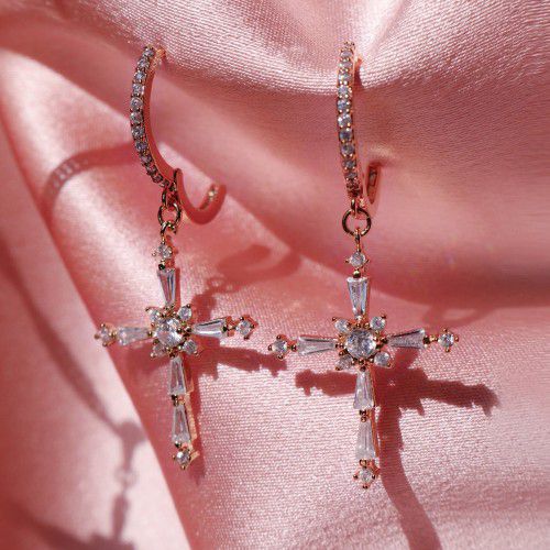 "Religious Rose Gold Plating Ear Hoop Crystal Zirconia Cross Dangle Earrings, UNI22389
