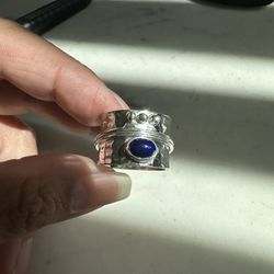 925 Sterling Silver Spinner Ring - Blue Lapis - Has 2 Silver Rings That Spin- Size 8