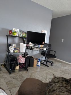Black Glass Computer Desk with Side Shelves