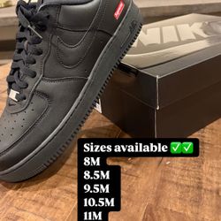 Nike Supreme Air Force 1 Black Sizes 8M, 8.5M, 9.5M, 10.5M 11M