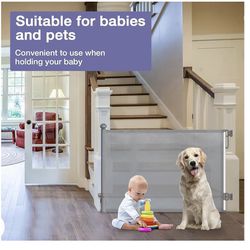 Retractable Baby Gates Extra Wide Grey, PRObebi Retractable Dog Gate Extends to 55" Wide 34" Tall, Dog Gates for The House, Mesh Baby Gate for Staris,
