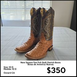 Square Toe Full Quill Ostrich Boots Size 10 Botas de Avestruz