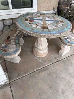 Vintage Concrete Mosaic Patio Table & Curved Bench Set