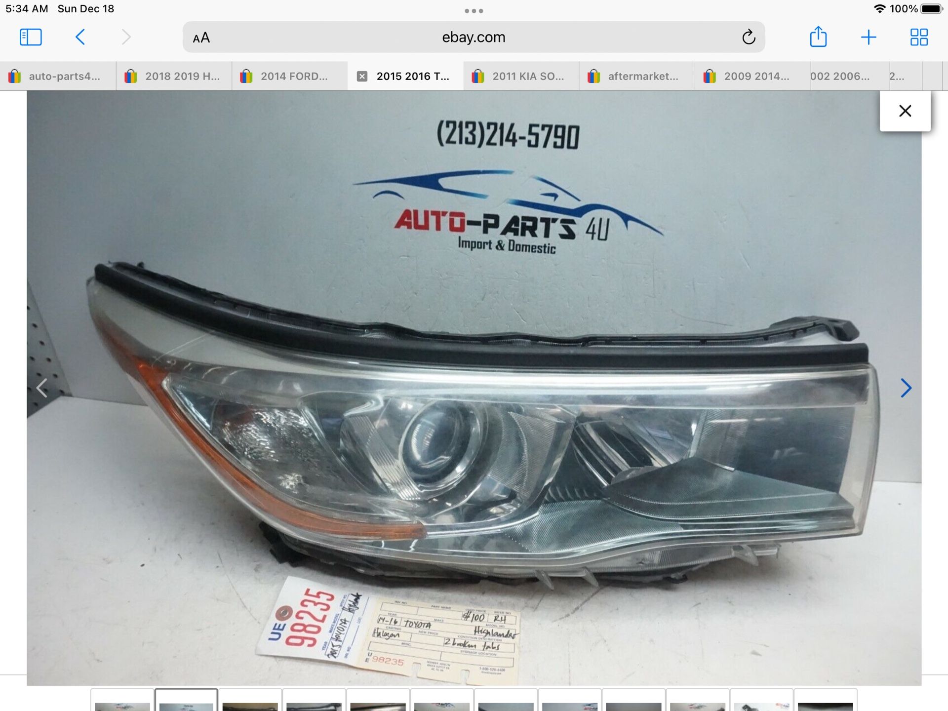 2 broken tabs 2014-2016 TOYOTA HIGHLANDER RIGHT HALOGEN HEADLIGHT 2015 OEM UE98235