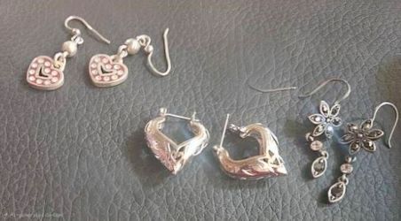 Lot of 3 Vintage Brighton Earrings Retired Silver Tone Heart & Floral Dangles