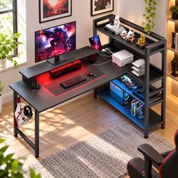 New COMHOMA 55in L Shaped Gaming Computer Desk w/ Shelves, LED, Charging Port